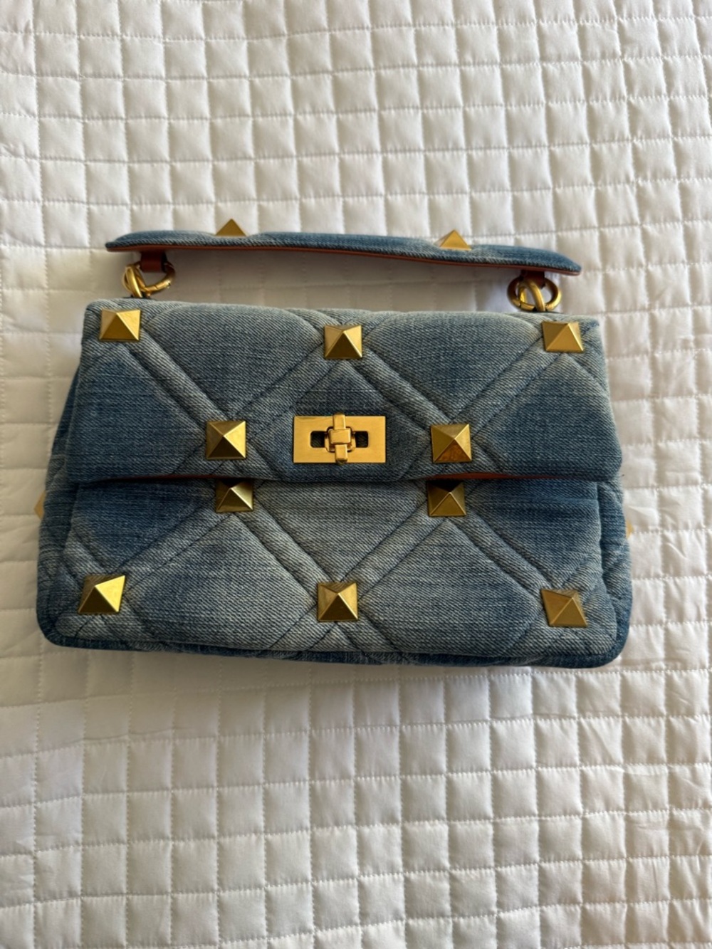 Quilted Denim Shoulder Bag with Gold Studs